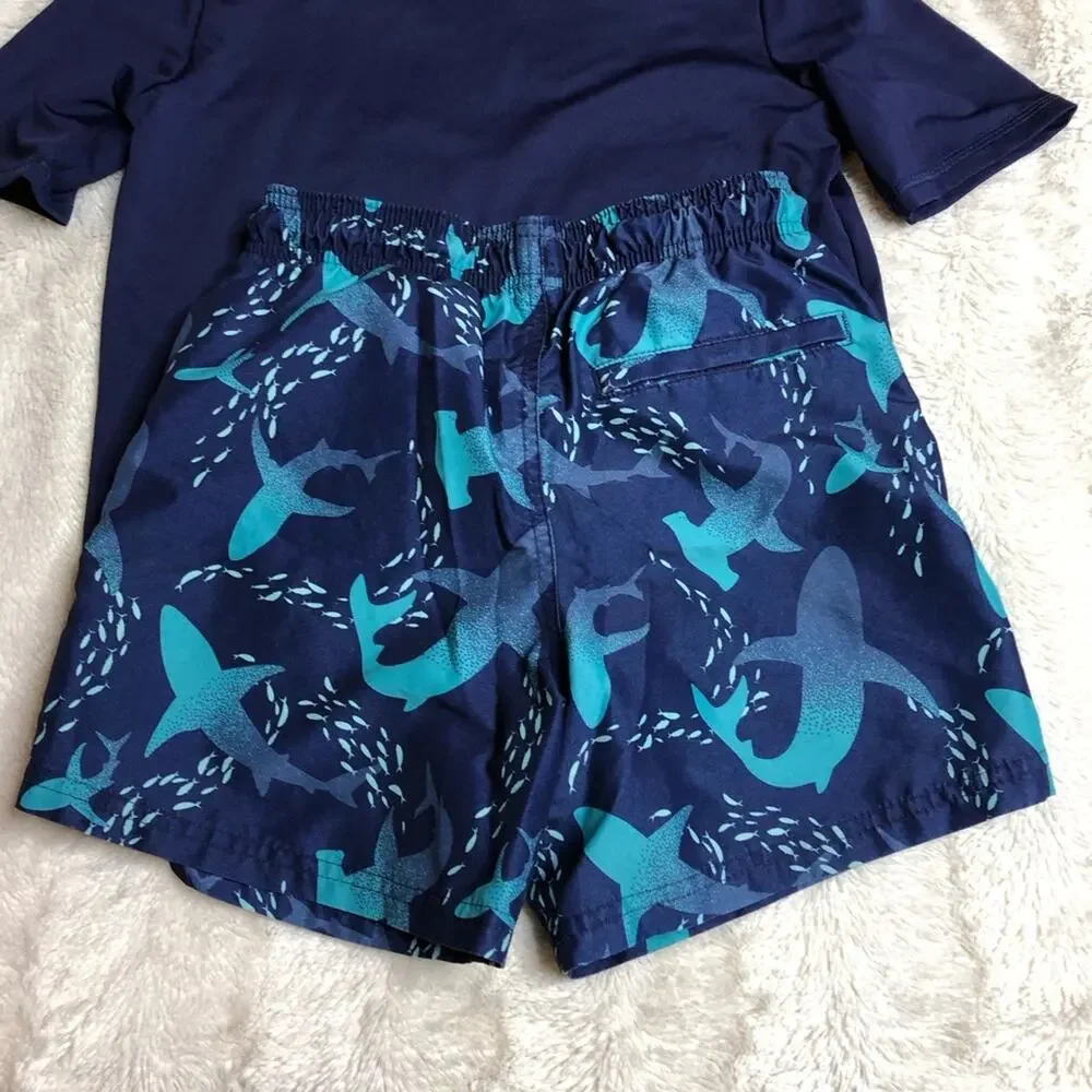 Cat & Jack navy blue shark rash guard swim trunk set size Large 10-12
